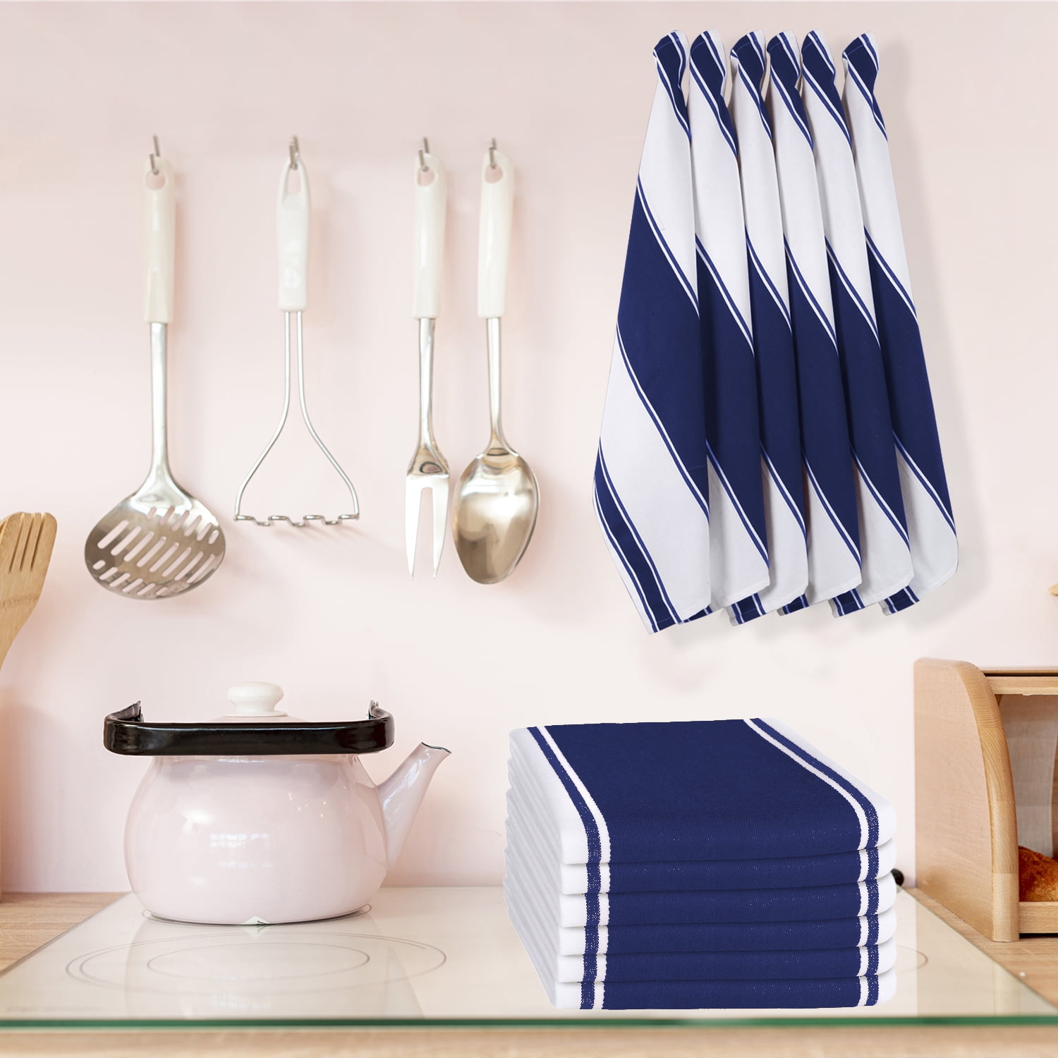 Native Fab Stripe Kitchen Dish Towel Set of 12 Cotton 18x28 Ink Blue White