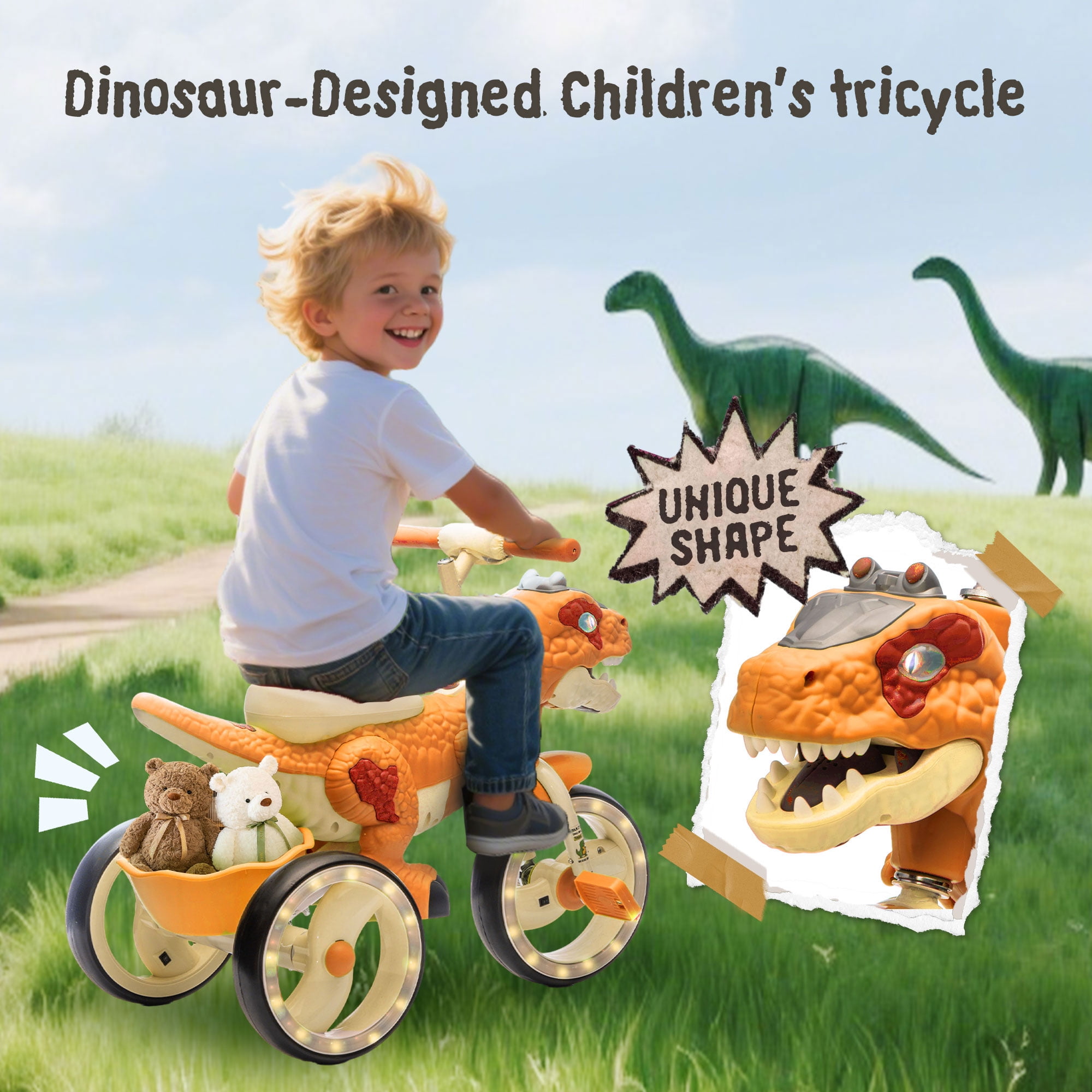 Xuanlur Kids Ride on Dinosaur Tricycle, Toddlers Kid Trike with EVA Wide Flash Wheels, Anti-Slip Pedals, Rear Basket, Music & LED Lights, Toddler Bike Toys Gift for 3-6 Year Old Boys & Girls (Orange)