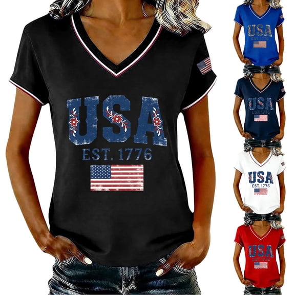 YVNAURA Women's 250th Anniversary V Neck T Shirt America 250 Semiquincentennial Patriotic Tee 1776-2026 USA Flag Graphic Family Matching Shirts for Women 4th of July, Black, L
