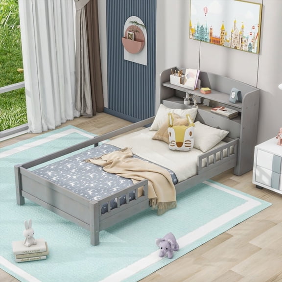 [Classic Style] Wood Twin Size Platform Bed with LED & Storage, Antique Grey