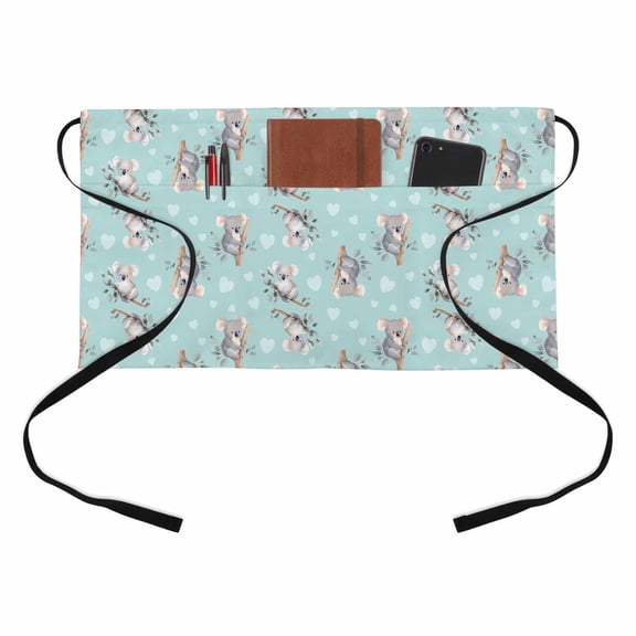 Koala Bears Kitchen Restaurant Half Waist Apron, Cute Koala Heart Branch Leaf Mint Green Server Short Apron with 3 Pockets Waterproof Oil Waist Aprons for Women Waitress Waiter