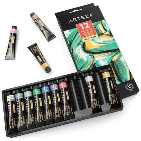 ARTEZA Metallic Gouache Paint, Set of 12 Colors/Tubes (12ml/0.4 US fl oz) Metallic Paints, Ideal for Canvas Painting, Watercolor Paper, Toned Paper, or Using with Watercolors and Mixed Media