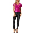 thumbnail image 2 of INSPIRE CHIC Women's Top V Neck Ruffle Short Sleeve Shiny Metallic Wrap Party Blouse M Hot Pink, 2 of 6