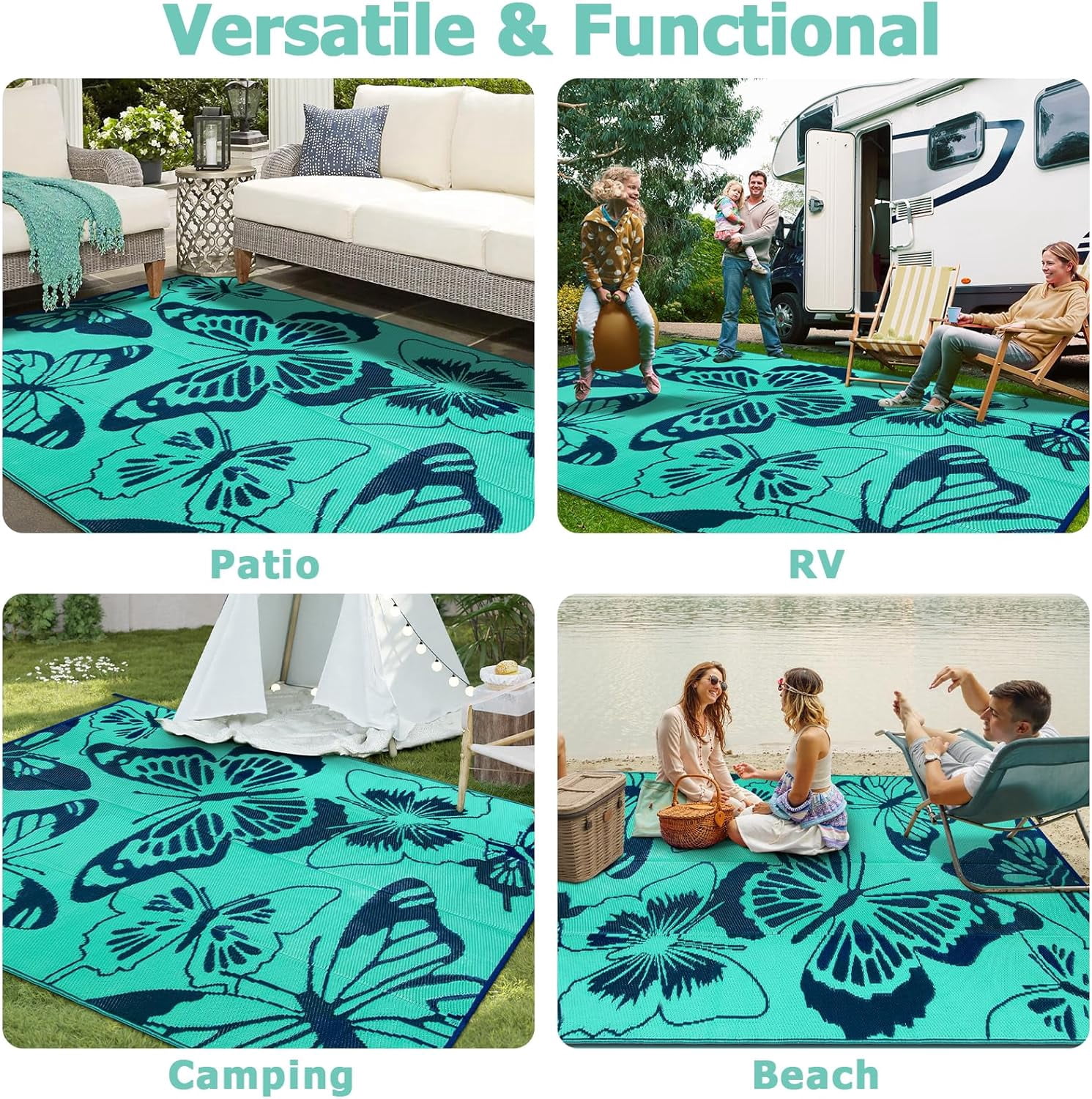 Wonnitar 6x9 Butterfly Outdoor Rug Waterproof, Washable Rugs for Outside, Plastic Foldable Teal Indoor Outdoor Carpet for Patio Balcony