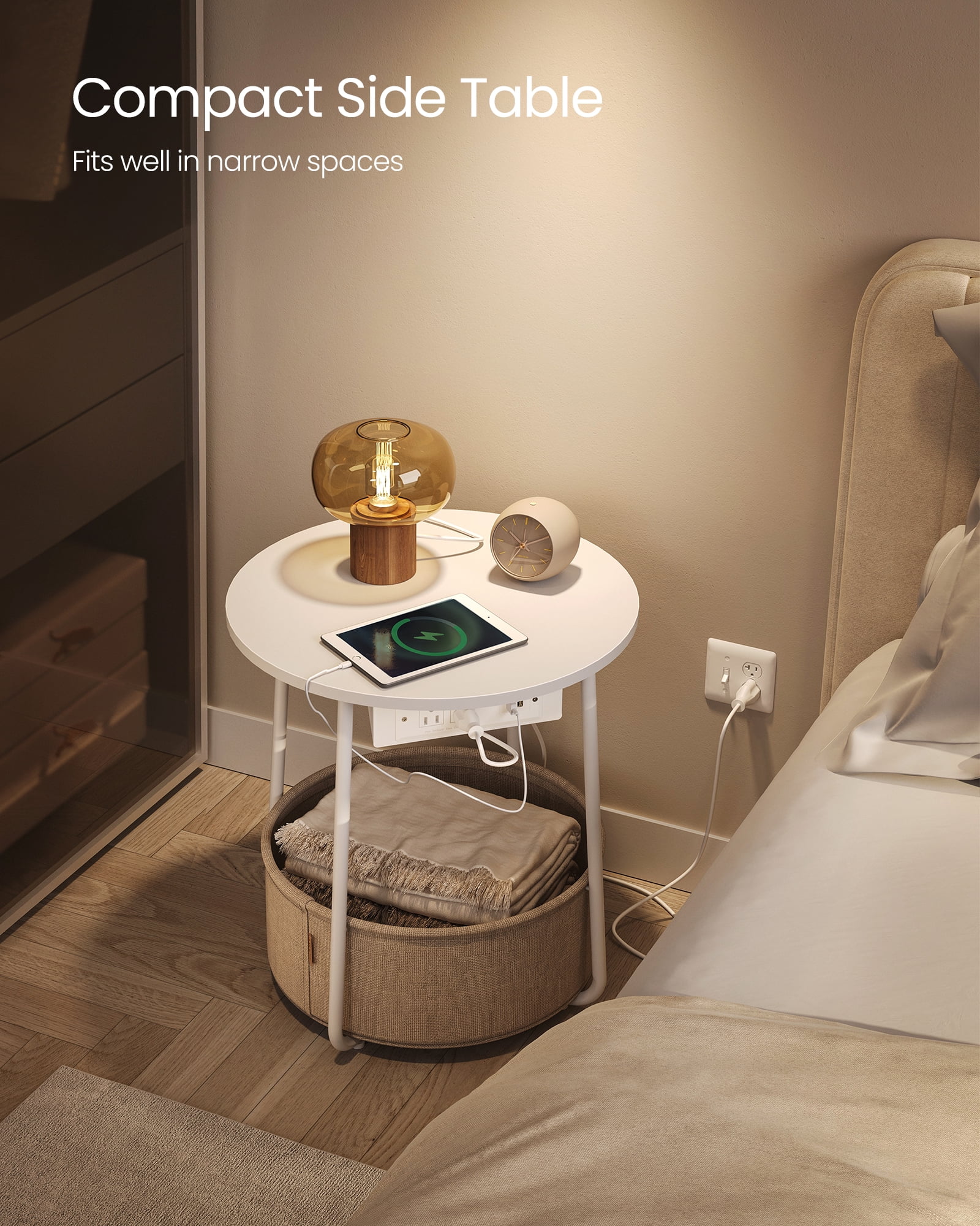 VASAGLE LILEA Collection - Side Table with Charging Station, Round End Table with Fabric Basket, Nightstand with USB Ports, for Living Room, Bedroom, Modern, Matte White and Camel Brown