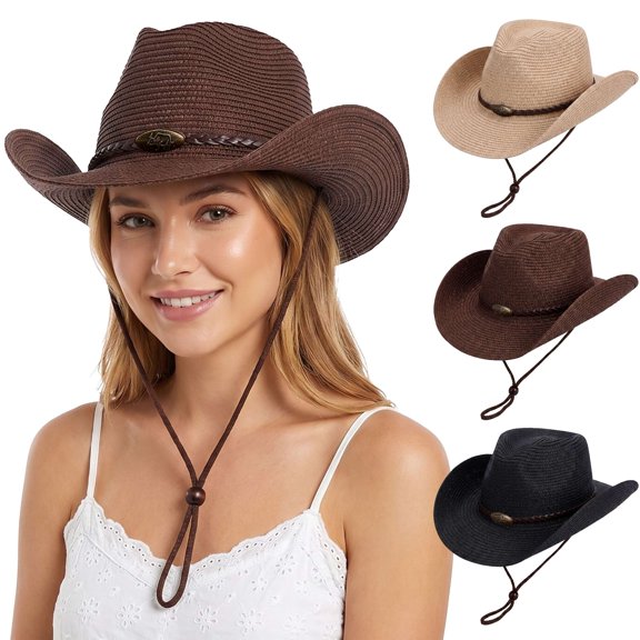 Gustave Straw Cowboy Hat for Women Men Western Cowgirl Sun Hat Wide Brim Summer Beach Hat with Windproof Chin Strap - Coffee