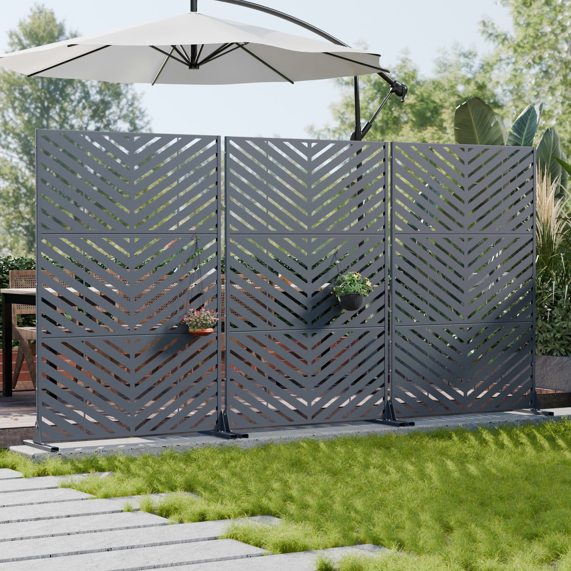 MAYEERTY Outdoor Metal Privacy Screen 6ft × 4ft Cambrian Rock Gray, 3-Panel Parallel Decorative Screen, Weatherproof for Patio