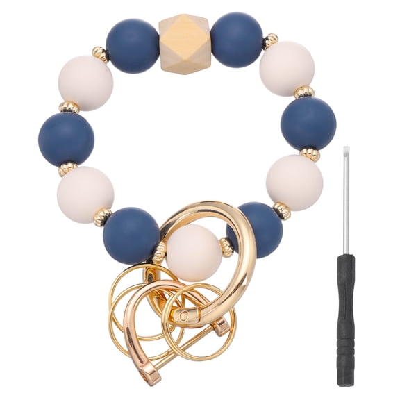 Uxcell Silicone Beaded Wristlet Keychain, Cute Key Ring Bracelet with D Buckle Screwdriver Stretchy Key Wristlet for Women Car Keys Wallets(Navy Blue/White)