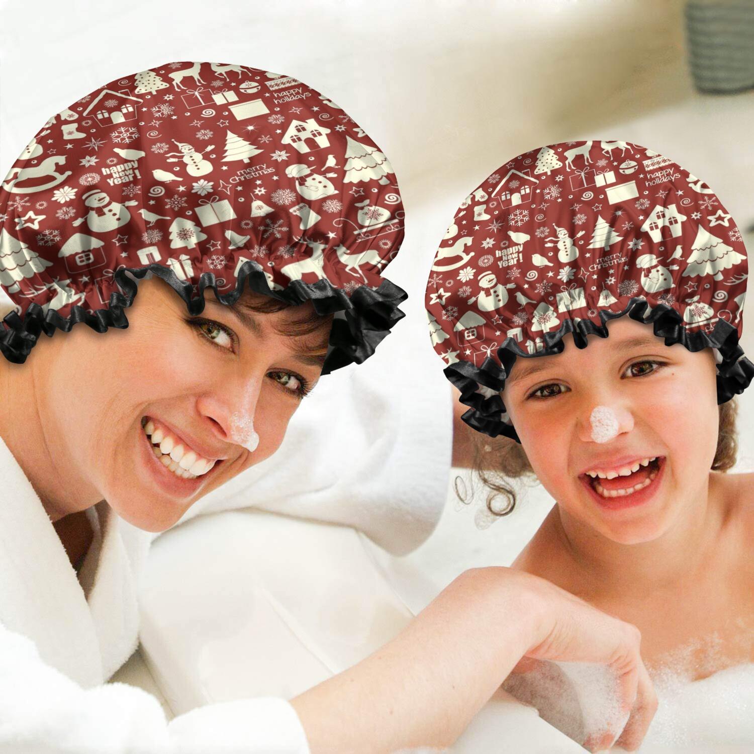 Shower Caps,Red Christmas Icon Pattern Waterproof Shower Cap for Women 4 Pieces,Double Reusable Hair Cover for Shower PEVA Elastic Stretch Hem