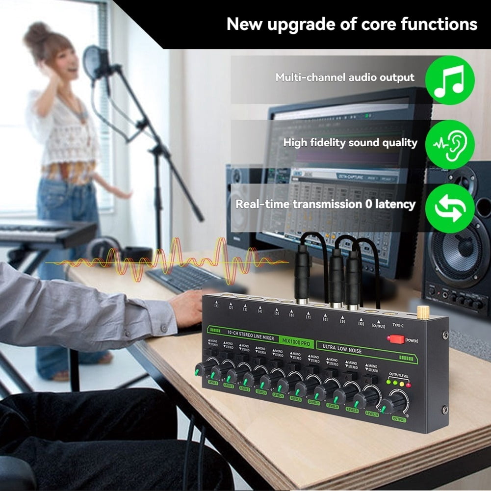 Professional 10 Channel Sound Mixer Low Noise LED Sound Mixer with RGB Light for Sub-Mixing Stereo Switcher US Plug