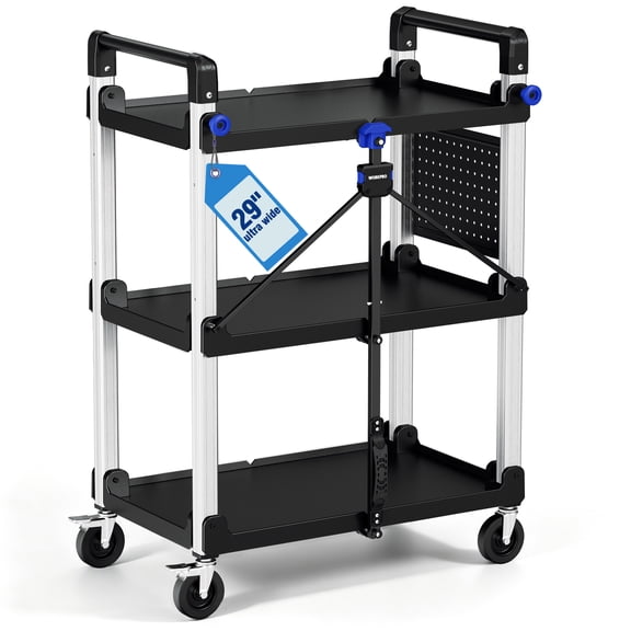 WORKPRO 29” Extra-Wide 3-Tier Heavy Duty Collapsible Service Cart with Pegboard, 360lbs Dynamic Load, Folding Rolling Utility Cart with Locking Wheels for Garage, Warehouse