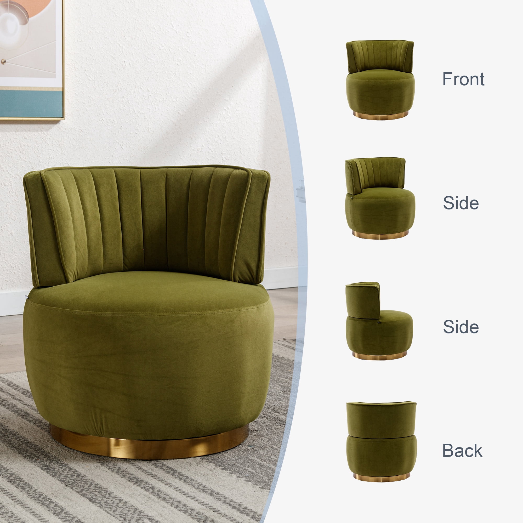 MOONMISS Velvet Upholstered 360 Degree Swivel Armless Round Barrel Chairs for Living Room-Olive Green