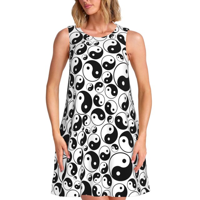 Fotbe Yin And Yang Vestido de Verano sin Mangas para Mujer – Vestido Midi Línea A, Estilo Camiseta Floral, Vestido Playero Casual y Fluido