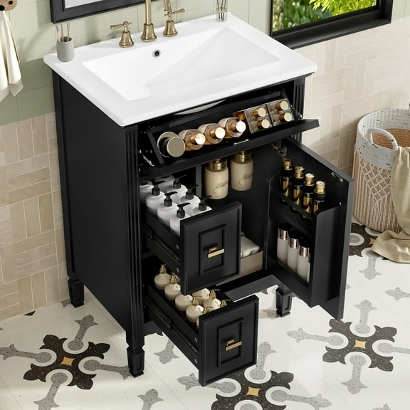 24-Inch Bathroom Vanity with Sink, Solid Wood Cabinet & Flip Drawer - Freestanding Vanity with 2 Drawers, Adjustable Shelf for Small Bathroom Storage,Black