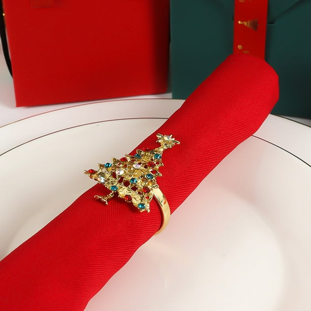 Puntoco Broche de servilleta de árbol de Navidad de metal para Navidad, anillo para servilleta, broche de servilleta de Navidad, anillo de tela con incrustaciones de diamantes