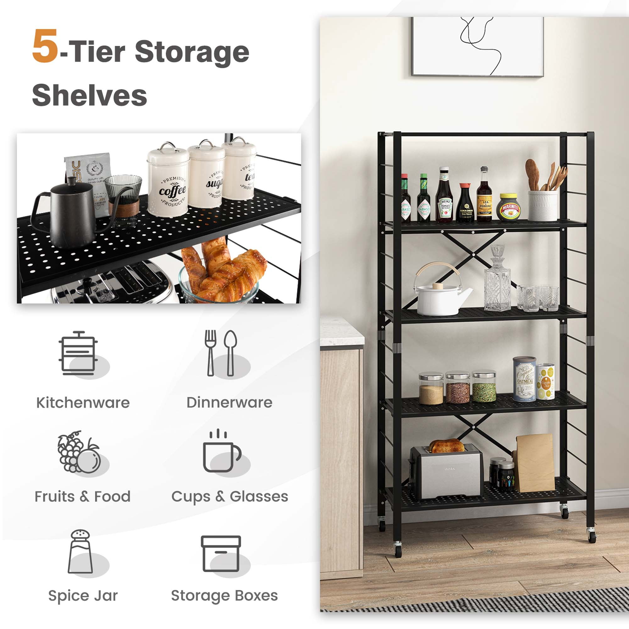 Costway 2 PCS Foldable Storage Shelves Adjustable Collapsible Organizer Rack with Wheels