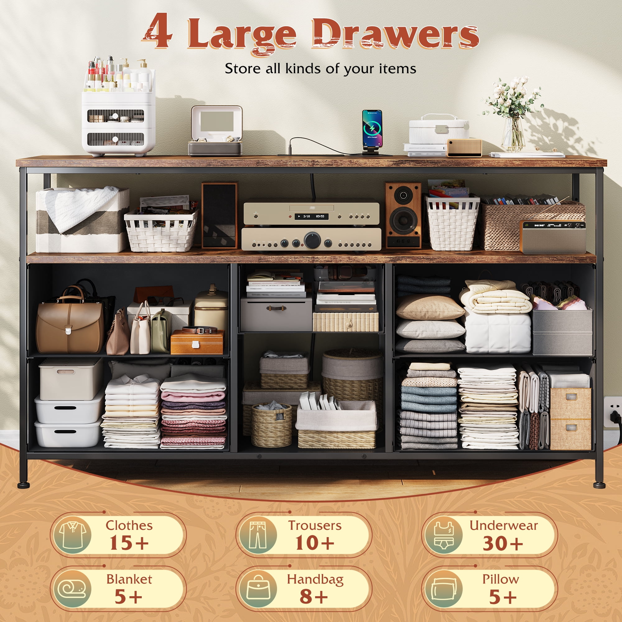 EnHomee 5 Drawers Dresser TV Stand for 50"Inch TV,Wide Dressers for Bedroom with LED Lights & Power Outlets,Rustic Brown