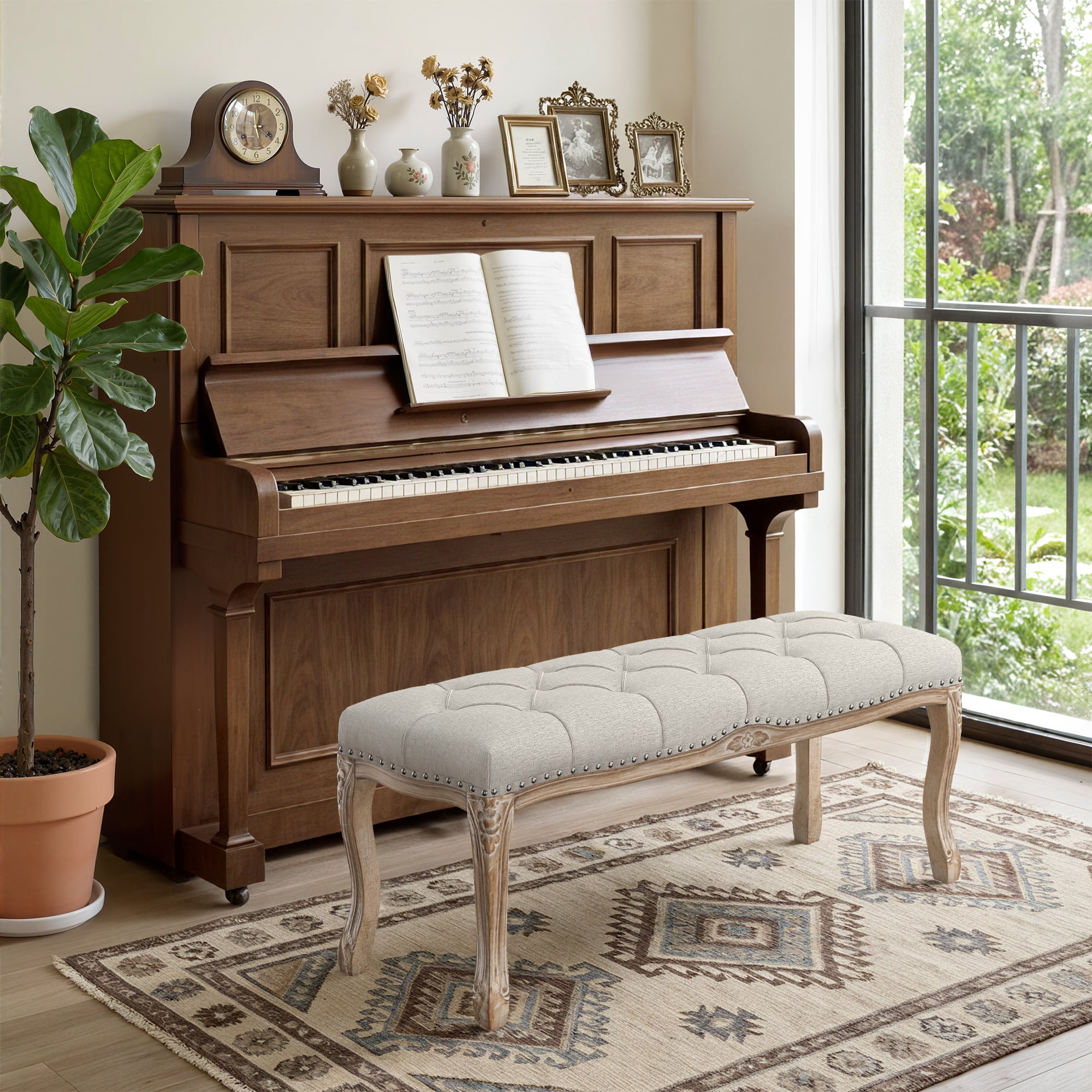 Dycanpo 45.2'' Bedroom Bench Seat Light Gray Linen, French Upholstered Ottoman Bench