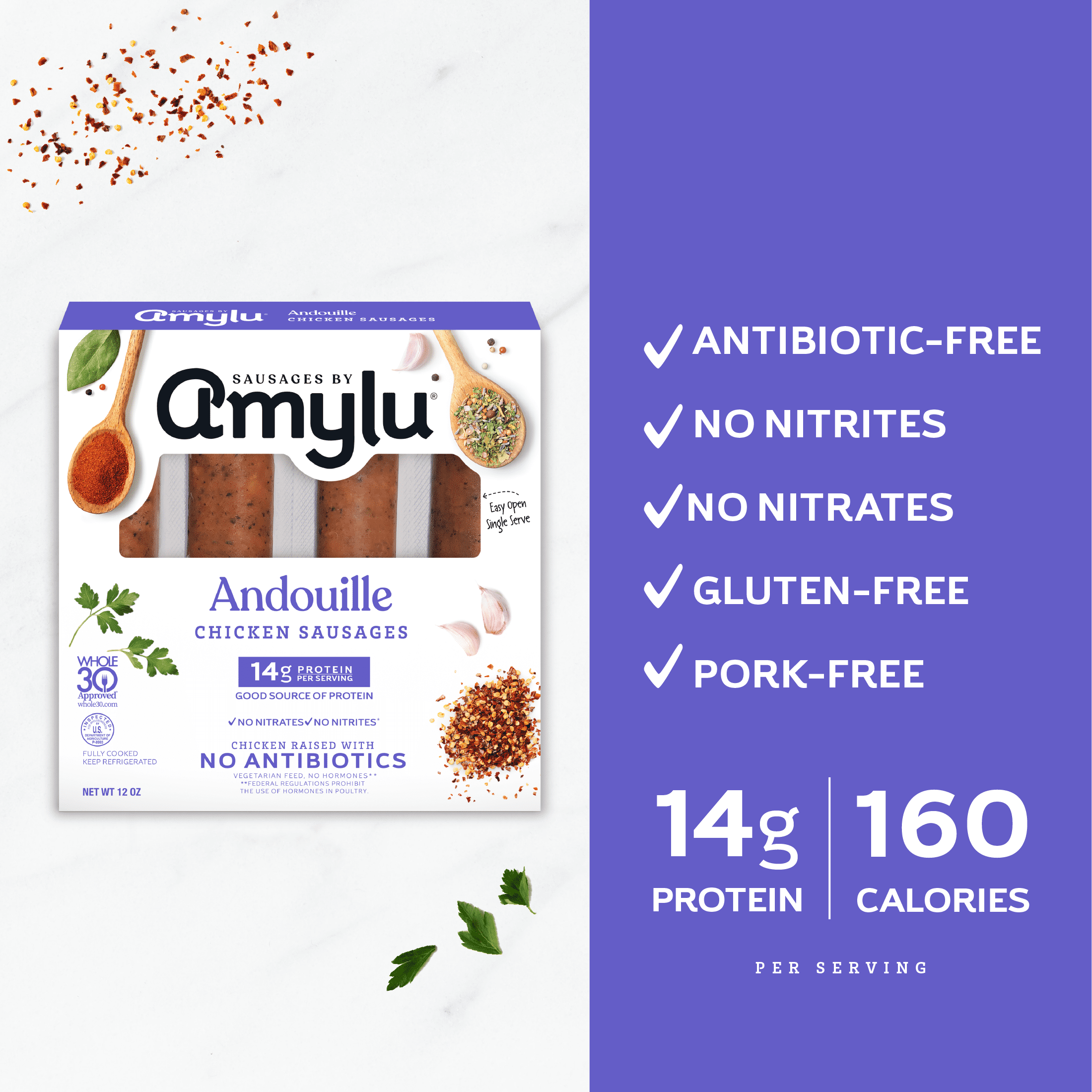 Amylu Foods Andouille Chicken Sausages, 12oz, 4 Count, Refrigerated