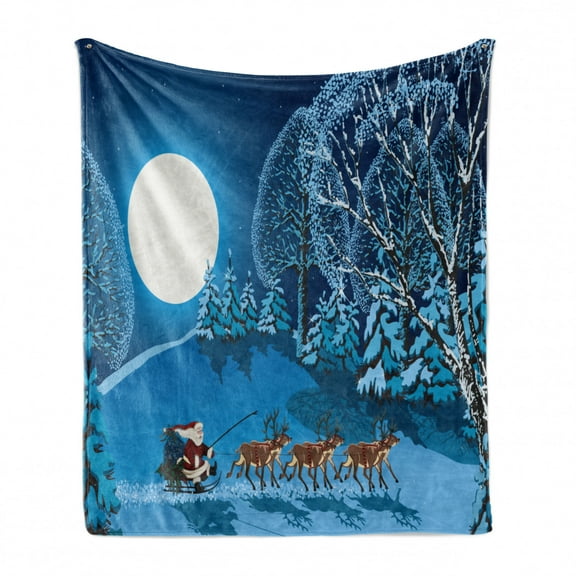 Christmas Soft Flannel Fleece Throw Blanket, Santa in Sleigh a Night Full Moon the Sky Snowy Winter Xmas Theme Print, Cozy Plush for Indoor and Outdoor Use, 50" x 60", Navy Blue, by Ambesonne