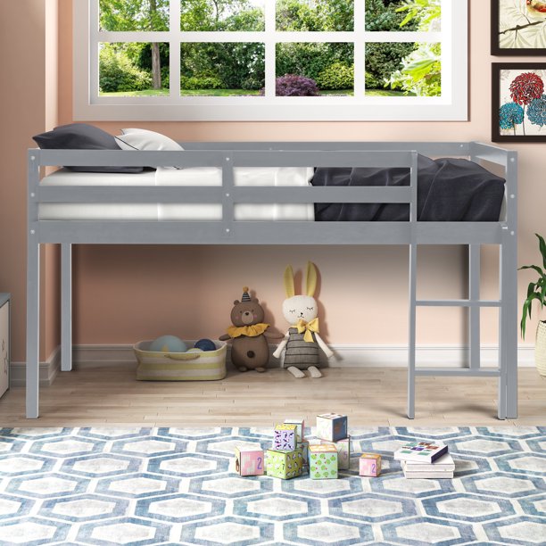 Junior Loft Bed Frame with Ladder, Solid Wood Twin Low Loft Bed, Twin
