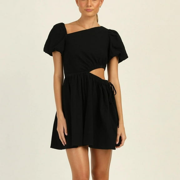 Fashion Women Sexy Summer Digaonl Collar Hollow Out Solid Short Sleeve Mini Dress