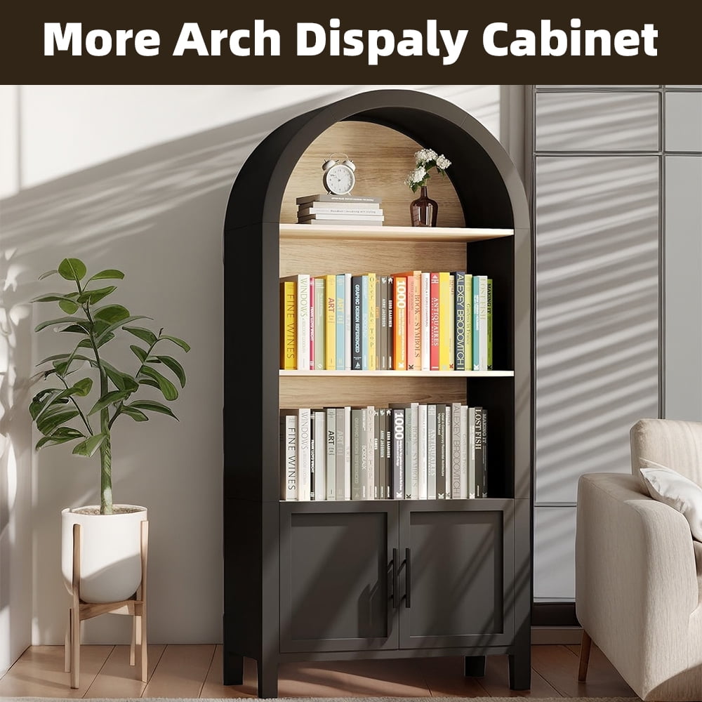WARMMUSE 66.7" Tall Arched Bookshelf, Mid-Century Modern Bookcase Display Shelf with Cabinet and 3 Shelves, Black and Natural Wood