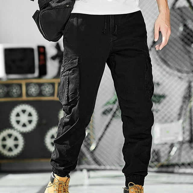 LOVZFMLL Cargo Pants for Men Solid Fashion Casual Multiple Pockets Button Zipper Elastic Waist Long Pants Trousers