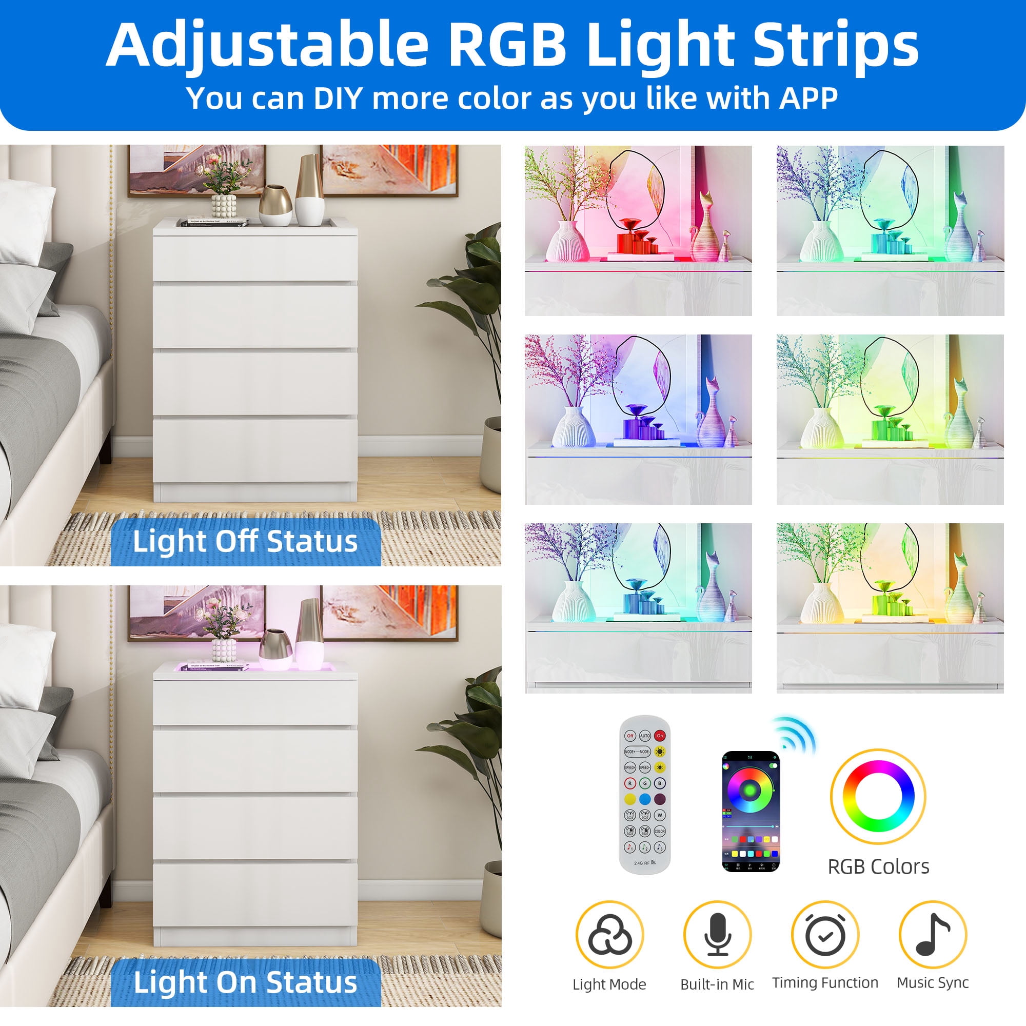 Uforic 4 Drawers Dresser with LED Lights, Modern Storage Drawers Chest Cabinet, White