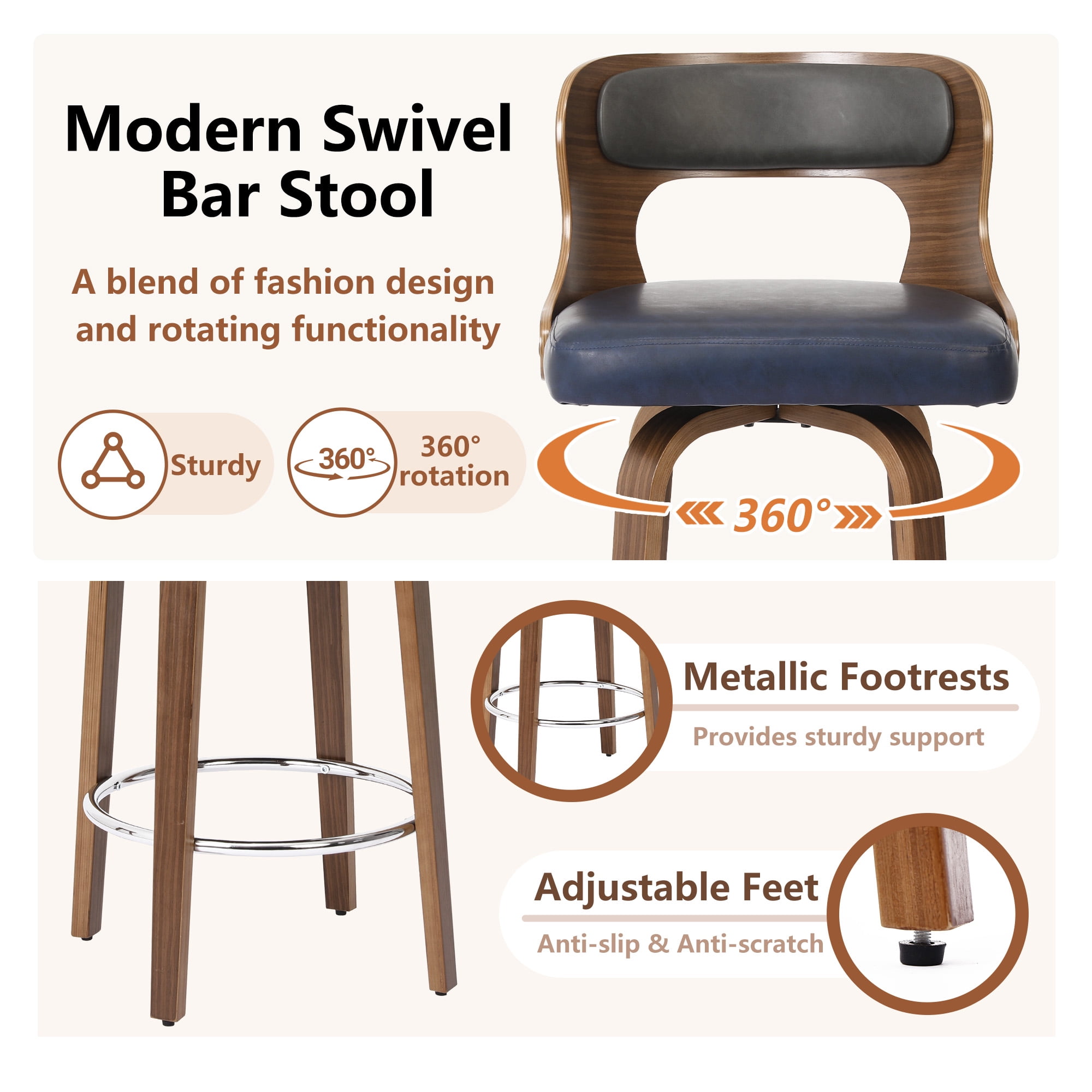 ClinQ 26 inch Swivel Bar Stools Set of 2, Counter Height Bar Chairs with Walnut Legs and Silver Ring Footrest, Upholstered Faux Leather, Blue