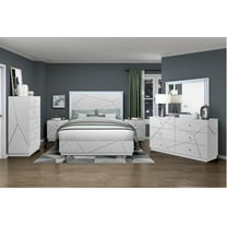6pc Bedroom Furniture Set Queen Size White Finish LED Headboard Bed Glam Geometric Design