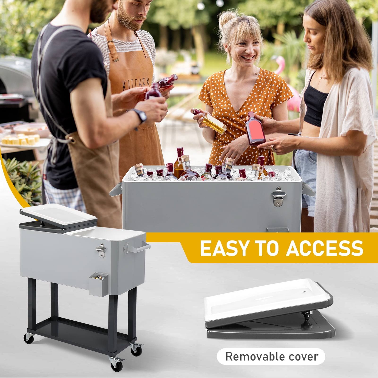 UBesGoo 80 Quart Patio Cooler Rolling Cooler Ice Chest with Shelf, Wheels and Bottle Opener, Iron Ice Chest Portable Patio Party Drink Cooling Cart