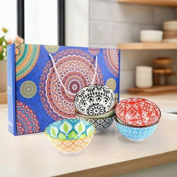 6 ceramic cereal bowls, 4.75 inches in diameter. Ceramic dessert-style multi-colored bowls, suitable for snacking. Colorful and cute bowl set.