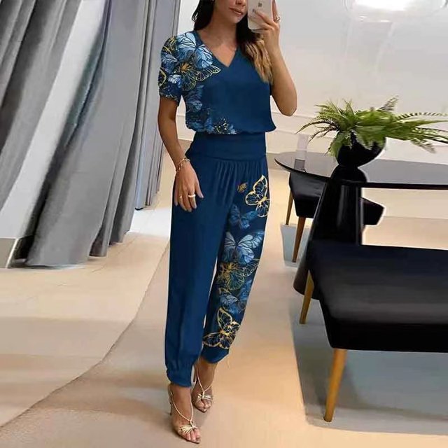 Nouveau Ensemble Deux Pièces Mode Décontractée pour Femmes, Pantalon à Manches Courtes Imprimé Col en V