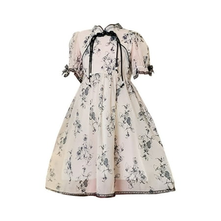 

WUDATI Summer Holiday dress Summer New Puff Sleeve Ink Flower Print School Home Party Girls Fashion Retro Dress Fashionable Cute Soft Breathable Flexible and Skin Friendly