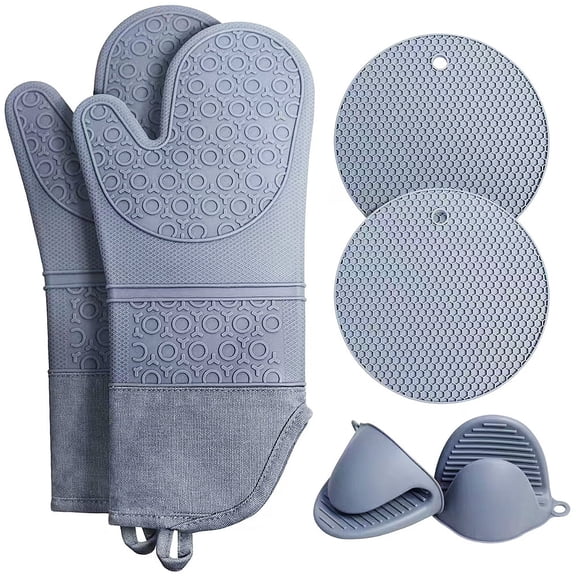 Gutsdoor Oven Mitts and Pot Holders Sets 6pcs Heat Resistant Non-Slip Silicone Mini Oven Gloves and Hot Pads for Kitchen,15 inch Extra Long Oven Gloves for Cooking,Grey