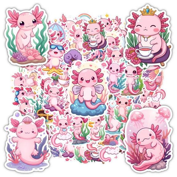 35pcs-50pcs Cute Axolotl Sticker Pack Pink Cartoon Stickers for Laptops Suitcase Phone