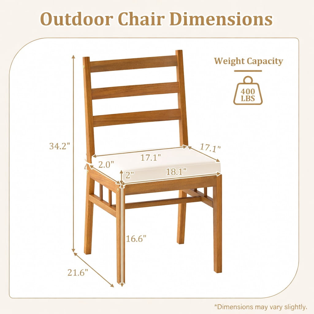 Hommoo 2-Piece Acacia Wood Outdoor Patio Dining Chairs Set, Natural Wood Frame with Removable Cushions, Weather-Resistant Armless Chairs for Deck, Porch & Garden, White
