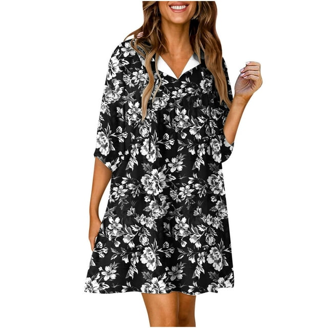 QIPOPIQ Robes d'Été pour Femmes Décontractées à Col en V Manches Chauve-Souris 3/4 à Imprimé Floral Robe Chemise Ample et Fluide Liquidation