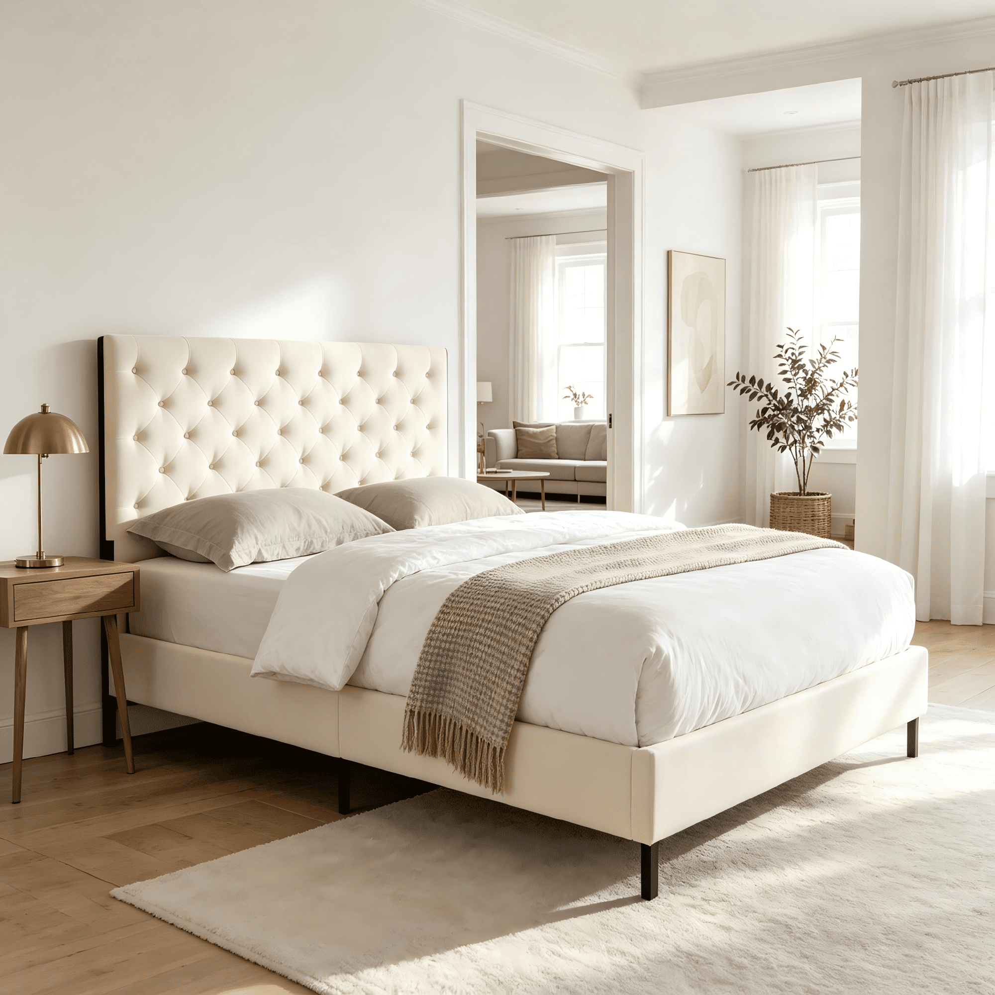 AC Pacific Modern Chic Polyester Beige Tufted Full Platform Bed