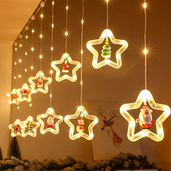 Christmas Curtain Lights Indoor Hanging Window Light 10 Stars Ring with Xmas Ornaments - USB Remote Control 9.8ft Christmas Window Lights Decorations