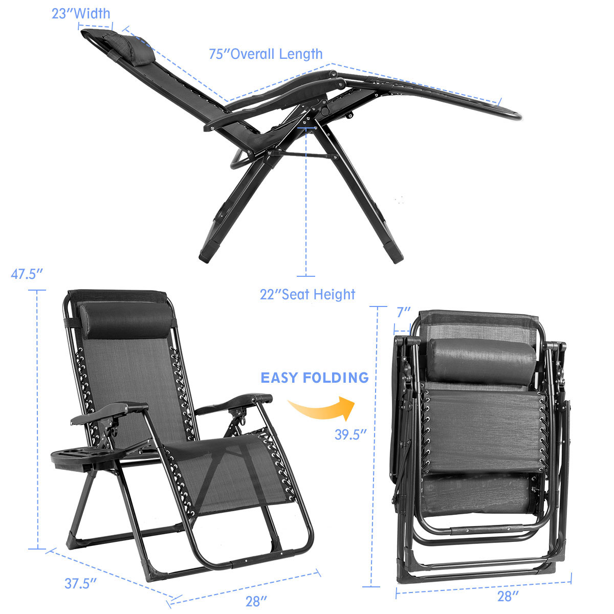 Costway Zero Gravity Chair Oversize Lounge Chair Patio Heavy Duty Folding Recliner Black - image 3 of 10