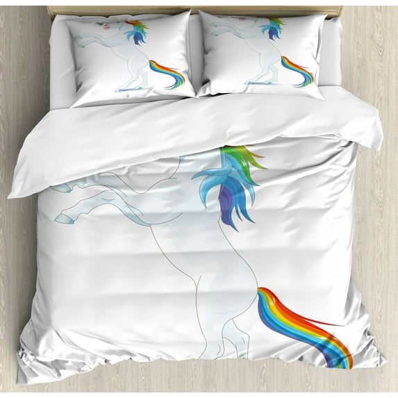 Pony Duvet Cover Set King Size, Cartoon Graphic of Reared up Horse Rainbow Mane and Tail o Plain Backdrop, Decorative 3 Piece Bedding Set with 2 Pillow Shams, White and Multicolor, by Ambesonne