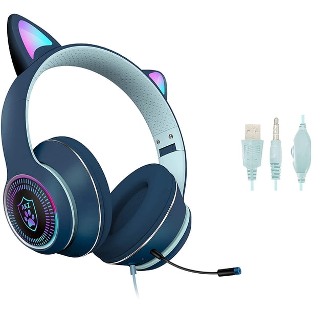 Auriculares de juego con micrófono y luz LED RGB en forma de orejas de gato, VIGROS, con efecto de luz intermitente estéreo y sonido envolvente 7.1 Rojo Verde Juego de azar