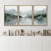 IDEA4WALL Framed Canvas Print Wall Art Set of 3 Misty Mountain & Lake View Illustration Print Watercolor Abstract Forest Serene Modern Digital Art Minimal Chic for Home Decor - Natural 24x36x3