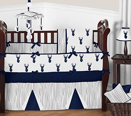 navy blue deer crib bedding