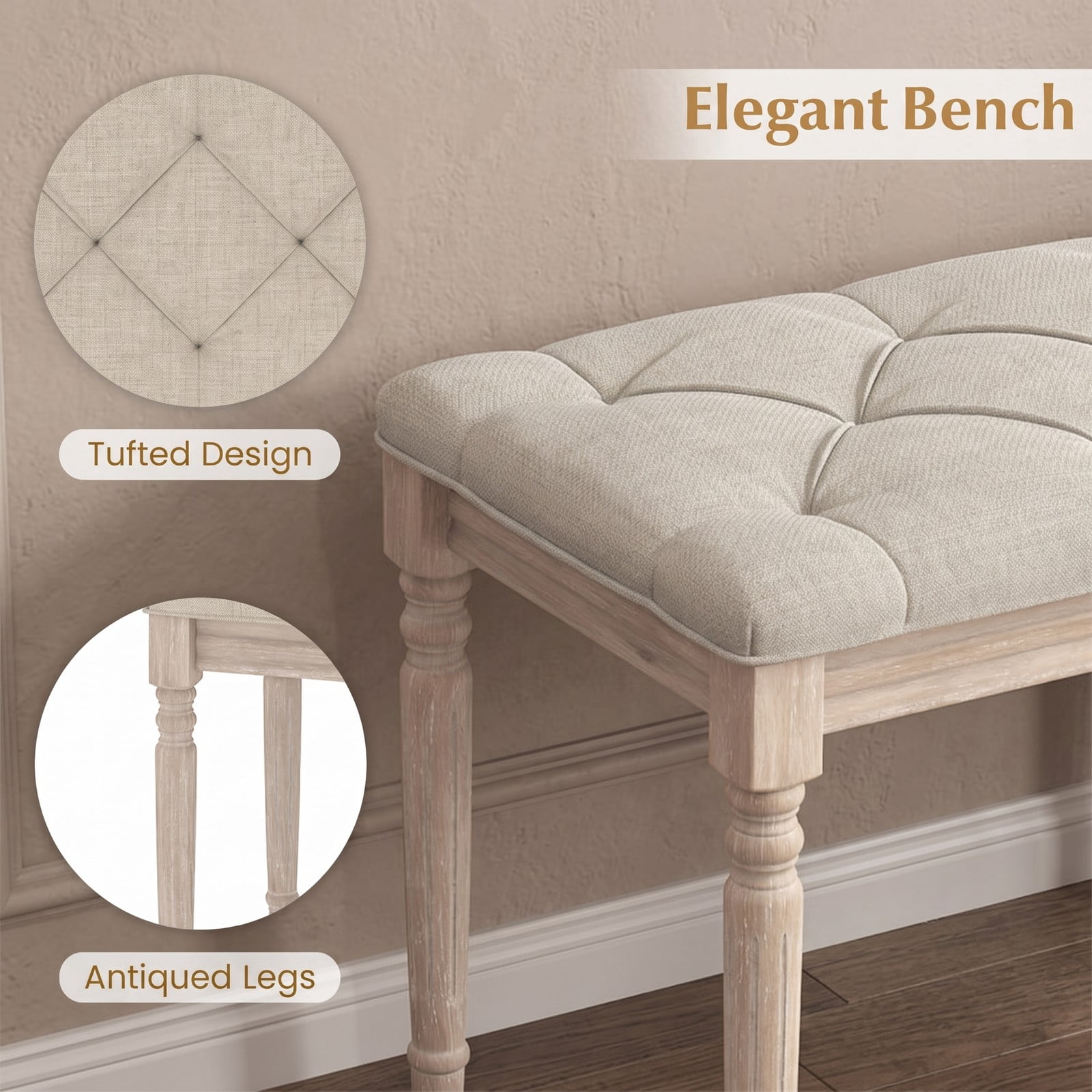 Furnibear 47.5 Inch Upholstered Bench with Button Tufted Padded Linen Seat and Carved Rubber Wood Legs for Bedroom, Beige