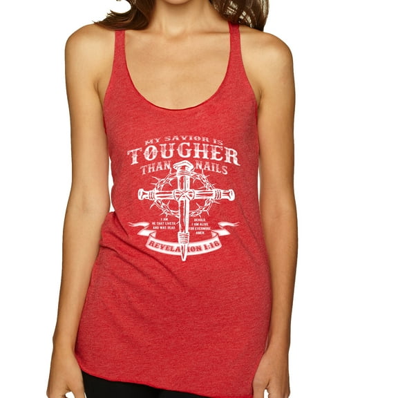 Wild Bobby, My Savior Is Tougher Than Nails Revelation 1:18, Inspirational Christian, Women Tri-Blend Racerback Tank Top, Vintage Red, Small