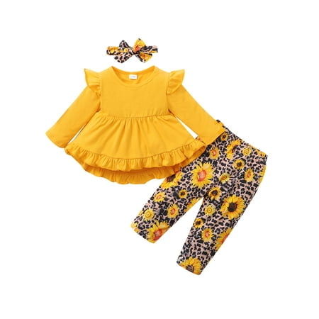 

KIMI BEAR 12-18 Months Baby Girls Pants Outfits Infant Girls Fall Winter Clothes Dovetail Long Sleeve Top Sunflower Leopard Pants Headband 3PCs Set Yellow