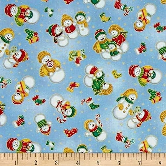Fabric-Quilt Christmas Season Greetings Snowman in Light Blue 100% Cotton Fabric sold by the yard